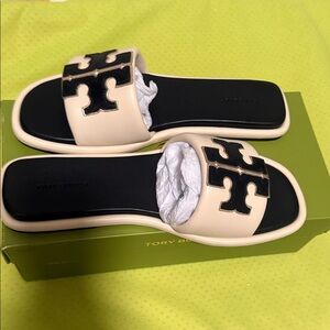 Tory Burch Black and Cream Slide Sandals